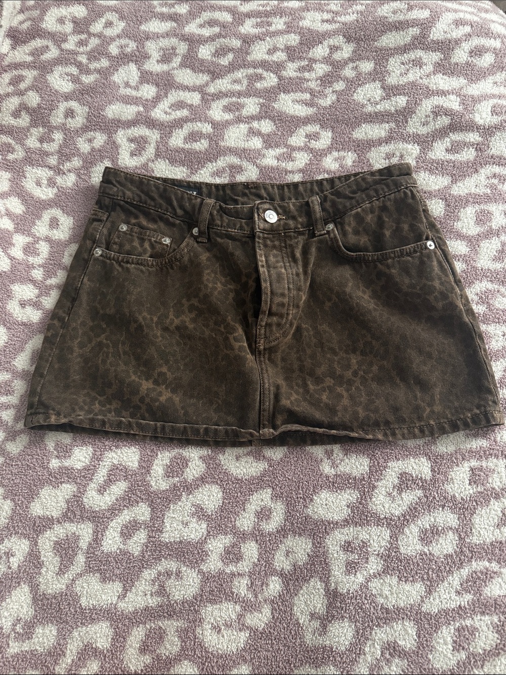 Zara Brown Leopard-Print Denim Mini Skirt